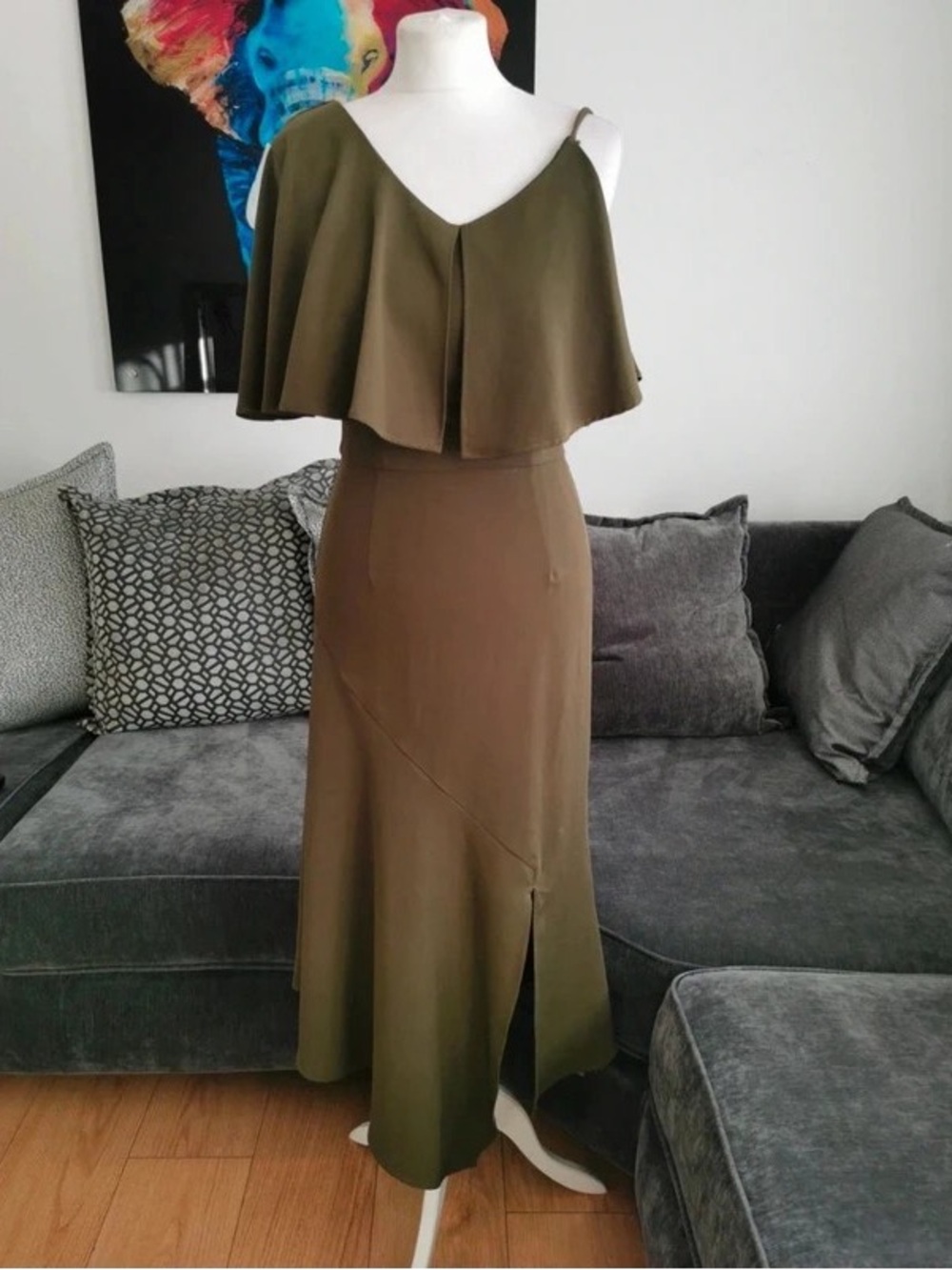 One-Shoulder Olive Green Maxi Dress with Draped Cape